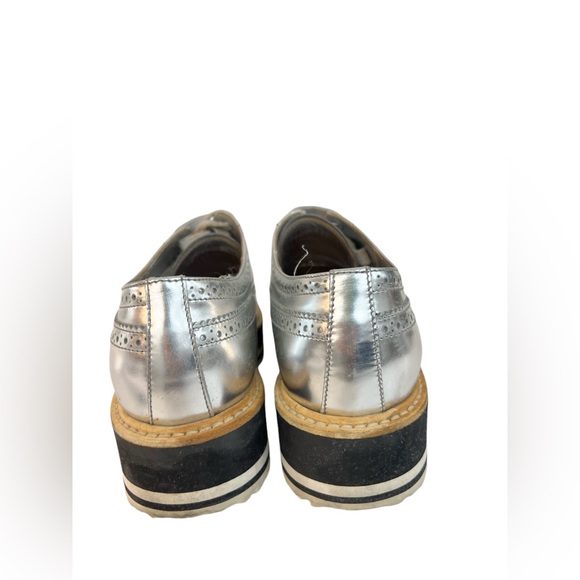 Prada Metallic Silver Brogue Leather Platform Low Top Sneakers - Picture 4 of 9